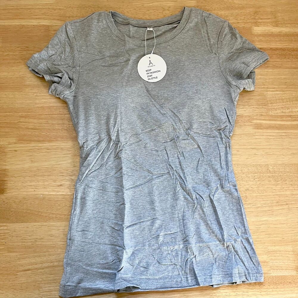 NWT Anrabess Women's Short Sleeve Crewneck T-Shirt heather grey build in bra L